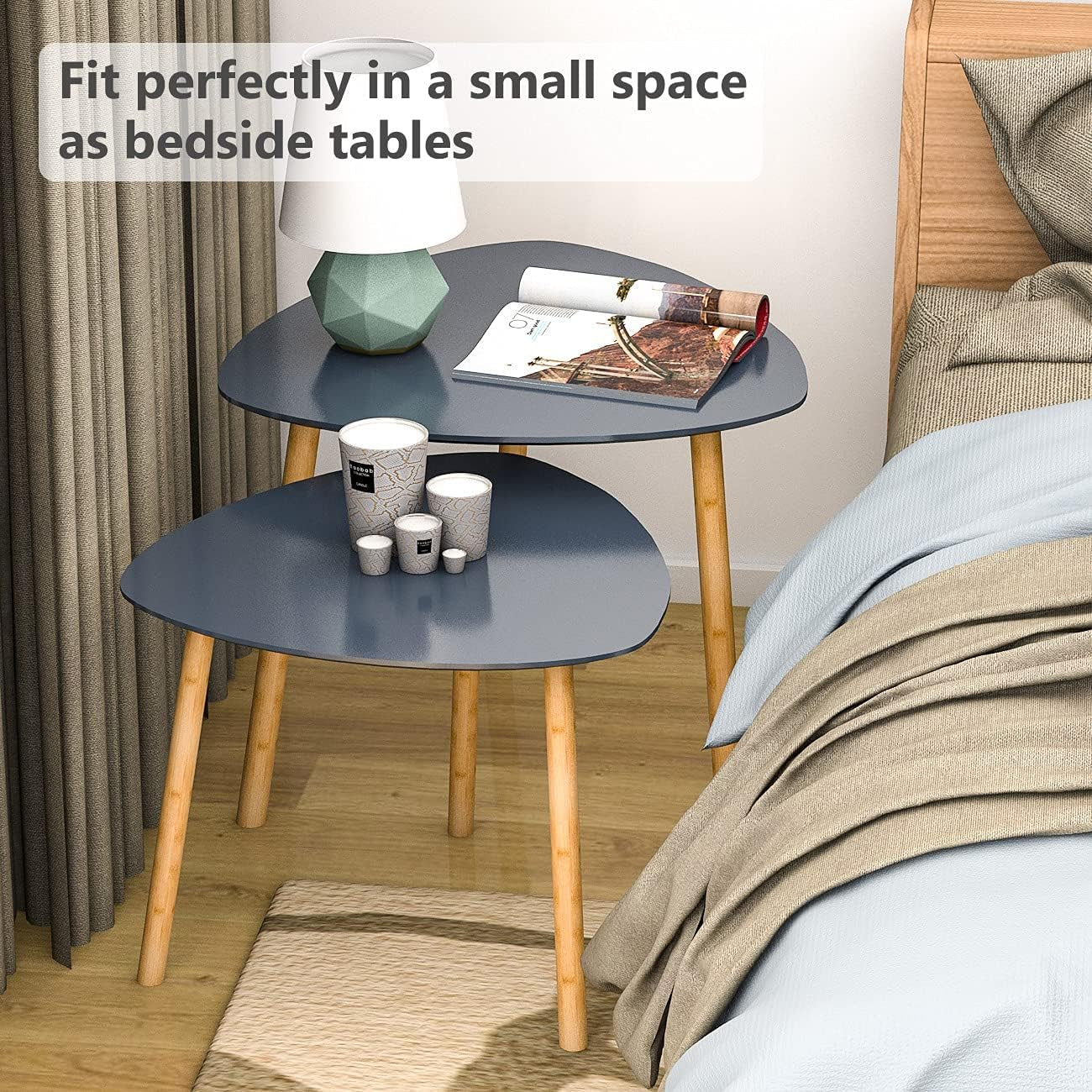 Nesting Table Set of 2 Bamboo End Table for Living Room Side Table for Bedroom Triangle Modern Coffee Table (Gray)