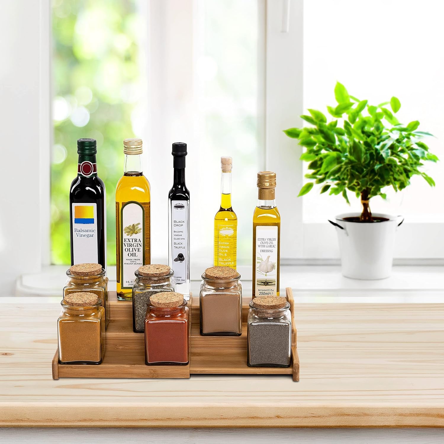 Seville Classics Bamboo Premium Wood 3-Tier Step Shelf Spice & Seasoning Storage Rack Organizer, for Kitchen, Cabinet, Countertop, Pantry, Bathroom, Salon, Bamboo, Expandable 8.5" - 15" W