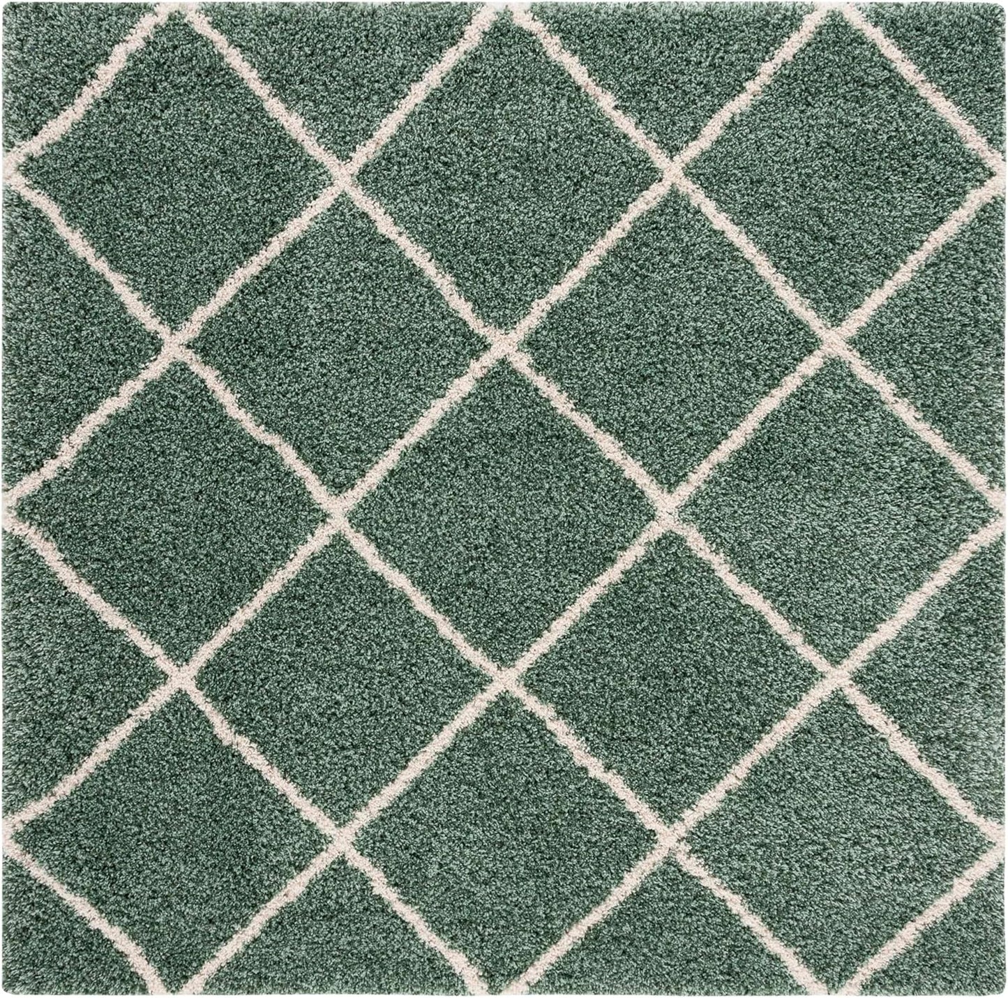 Hudson Shag Collection Area Rug - 7' Square, Green & Ivory, Modern Trellis Design, Non-Shedding & Easy Care, 2-Inch Thick Ideal for High Traffic Areas in Living Room, Bedroom (SGH281Y)