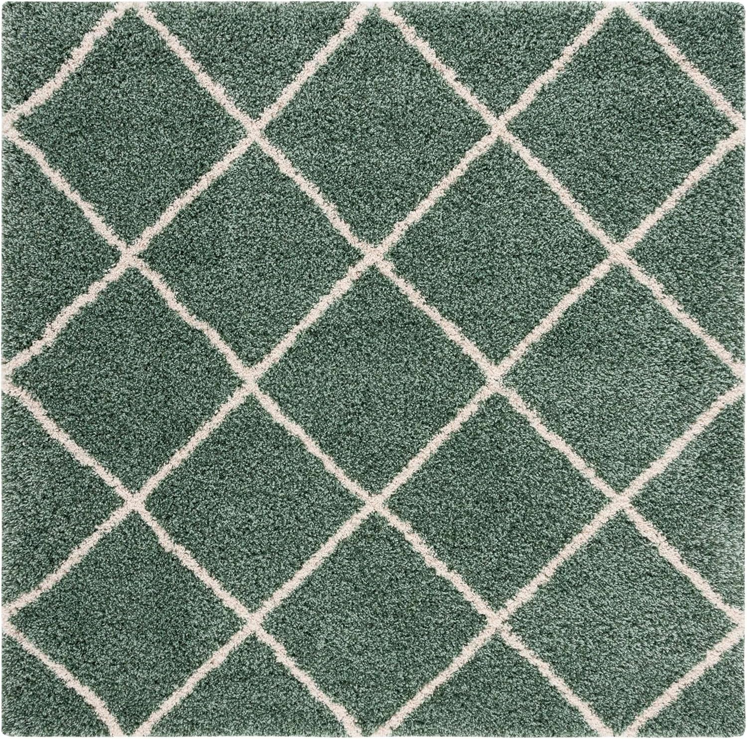 Hudson Shag Collection Area Rug - 7' Square, Green & Ivory, Modern Trellis Design, Non-Shedding & Easy Care, 2-Inch Thick Ideal for High Traffic Areas in Living Room, Bedroom (SGH281Y)