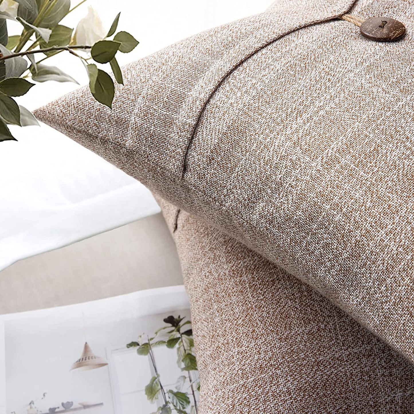 Pack of 2 Farmhouse Throw Pillow Covers Button Vintage Linen Decorative Pillow Cases for Couch Bed and Chair Beige, 18 X 18 Inches 45 X 45 Cm