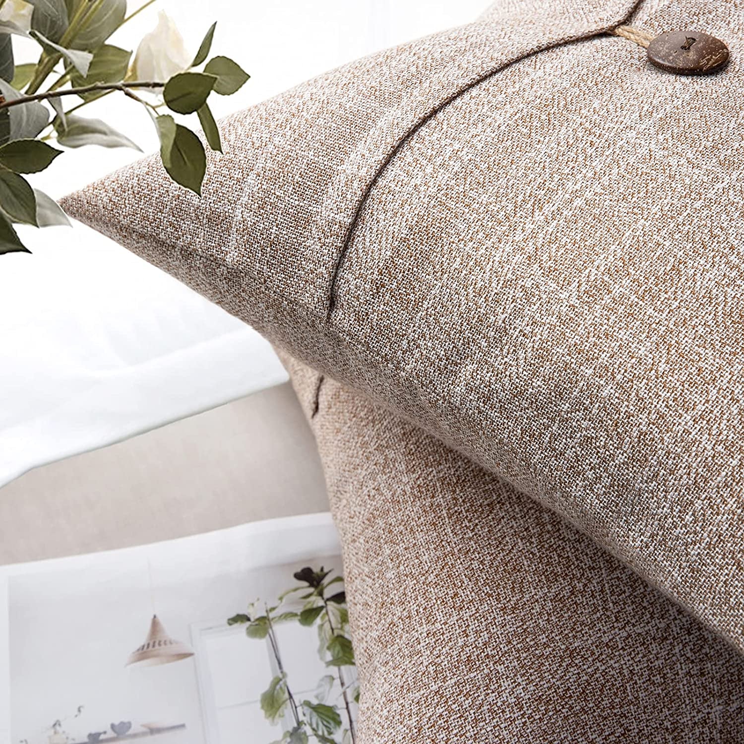 Pack of 2 Farmhouse Throw Pillow Covers Button Vintage Linen Decorative Pillow Cases for Couch Bed and Chair Beige, 18 X 18 Inches 45 X 45 Cm