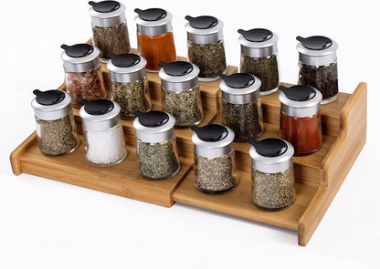 Seville Classics Bamboo Premium Wood 3-Tier Step Shelf Spice & Seasoning Storage Rack Organizer, for Kitchen, Cabinet, Countertop, Pantry, Bathroom, Salon, Bamboo, Expandable 8.5" - 15" W