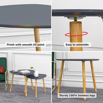 Nesting Table Set of 2 Bamboo End Table for Living Room Side Table for Bedroom Triangle Modern Coffee Table (Gray)