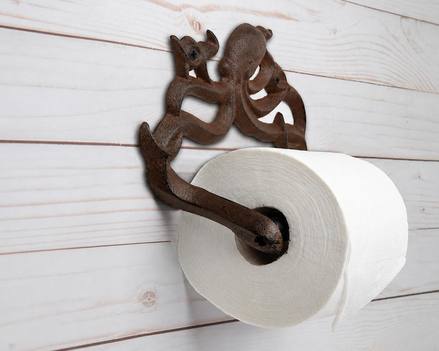 Decorative Cast Iron Octopus Toilet Paper Holder – Wall Mounted Nautical Bathroom Decor – Kraken Design – Easy to Install with Screws & Anchors – Rust Brown