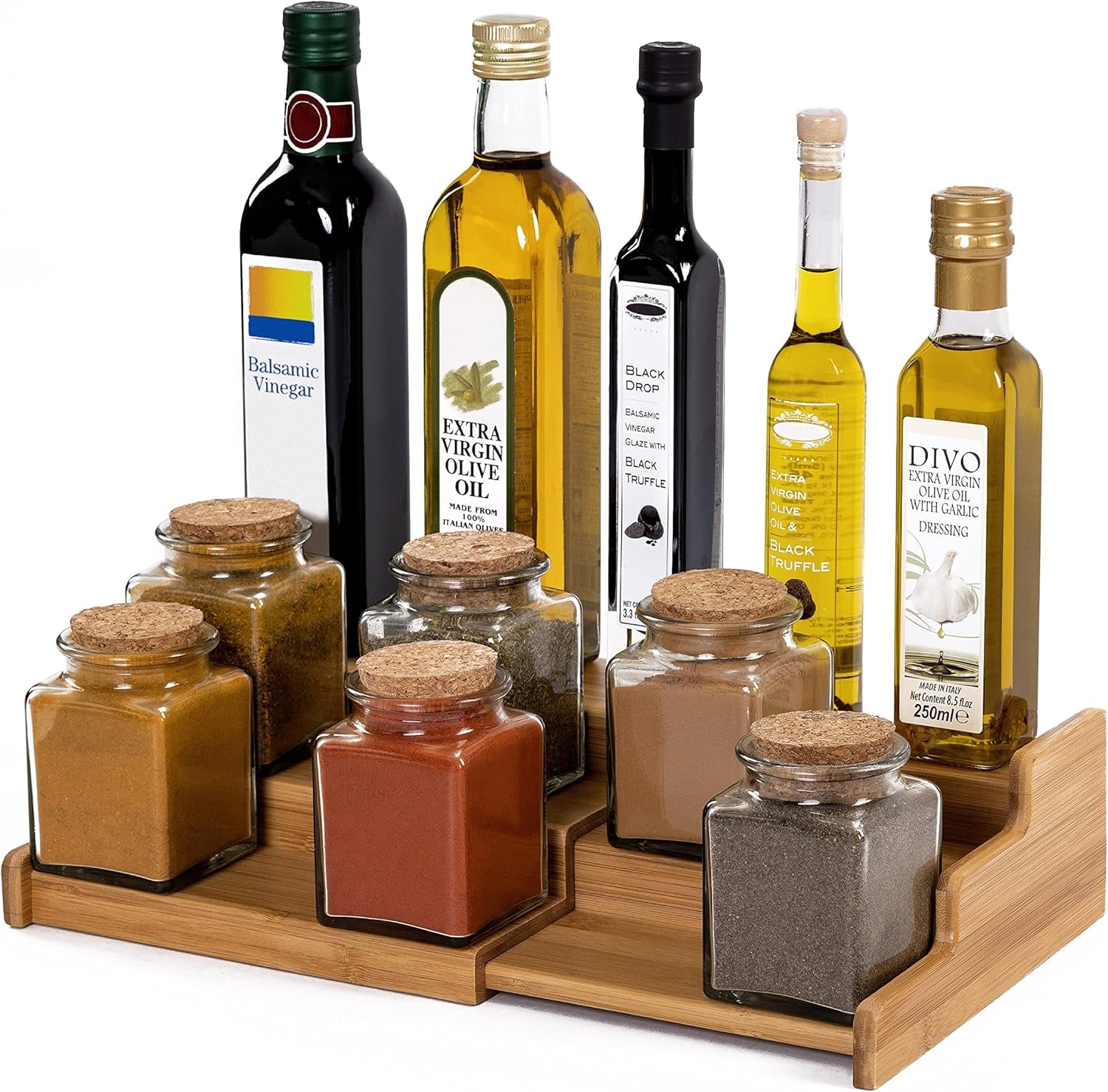 Seville Classics Bamboo Premium Wood 3-Tier Step Shelf Spice & Seasoning Storage Rack Organizer, for Kitchen, Cabinet, Countertop, Pantry, Bathroom, Salon, Bamboo, Expandable 8.5" - 15" W