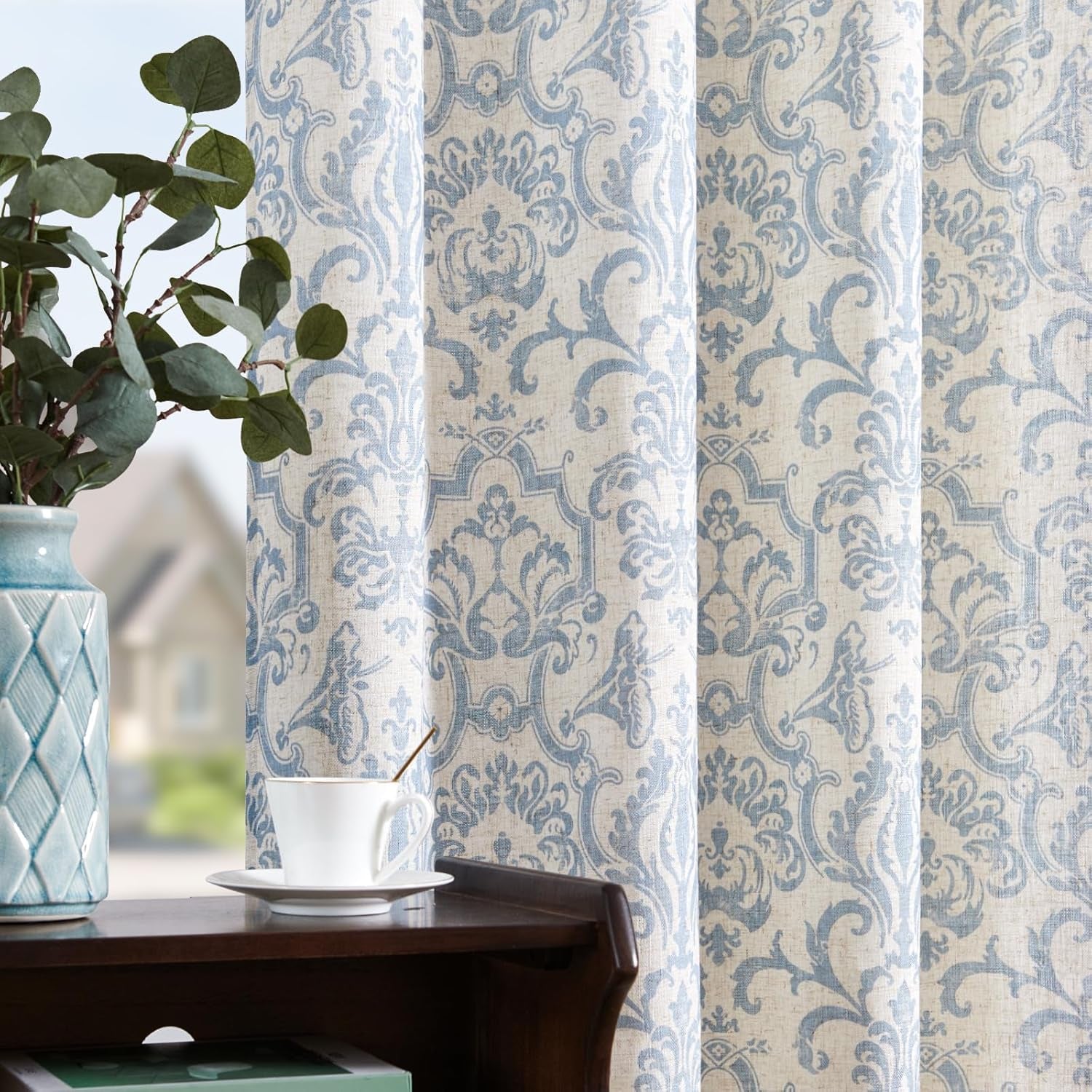Curtains for Bedroom, Light Filtering 63 Inch Length 2 Panels Set, Baroque Style Linen Blend Drapes Living Room, Vintage Damask Window Treatments, Grommet Top Blue on Flax, W52 X L63