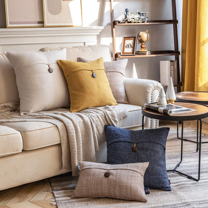 Pack of 2 Farmhouse Throw Pillow Covers Button Vintage Linen Decorative Pillow Cases for Couch Bed and Chair Beige, 18 X 18 Inches 45 X 45 Cm