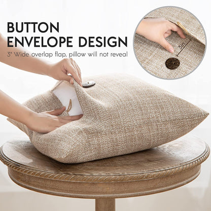 Pack of 2 Farmhouse Throw Pillow Covers Button Vintage Linen Decorative Pillow Cases for Couch Bed and Chair Beige, 18 X 18 Inches 45 X 45 Cm
