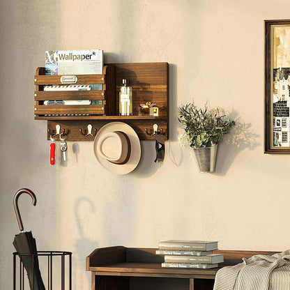Mail Holder, Large Size Wall Mounted Mail Organizer with Tags & 4 Double Key Hooks, Rustic Wood Mail Sorter, Home Decor for Entryroom, Mudroom, Hallway, Kitchen, Office Dark Brown