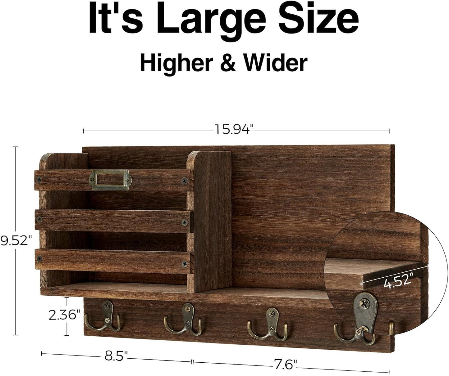 Mail Holder, Large Size Wall Mounted Mail Organizer with Tags & 4 Double Key Hooks, Rustic Wood Mail Sorter, Home Decor for Entryroom, Mudroom, Hallway, Kitchen, Office Dark Brown