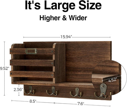 Mail Holder, Large Size Wall Mounted Mail Organizer with Tags & 4 Double Key Hooks, Rustic Wood Mail Sorter, Home Decor for Entryroom, Mudroom, Hallway, Kitchen, Office Dark Brown
