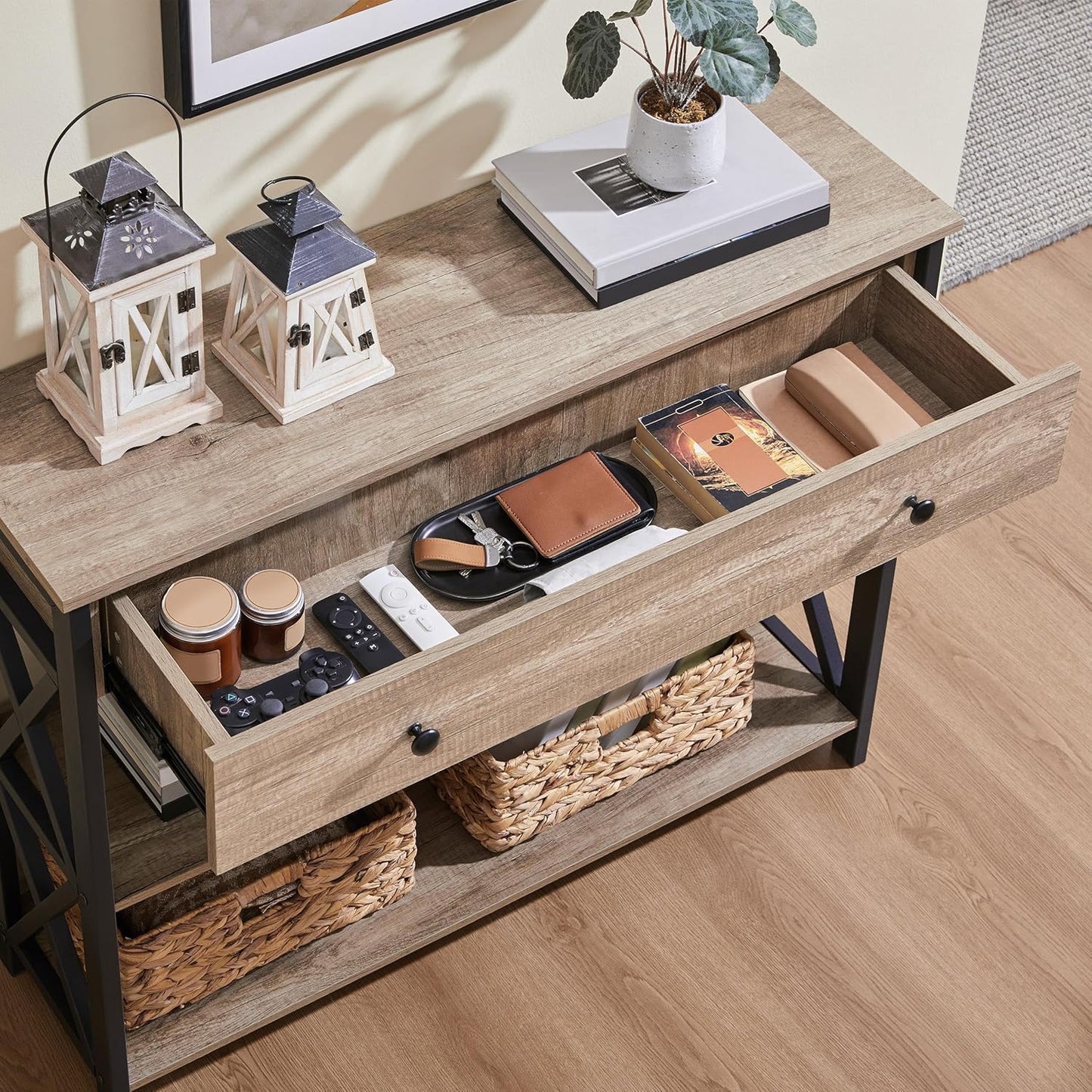 Console Table with Drawer, Entryway Table with 3 Tier Storage Shelves, Narrow Long Sofa Table for Entryway, Living Room, Hallway, Couch, Kitchen, Metal Frame, Gray