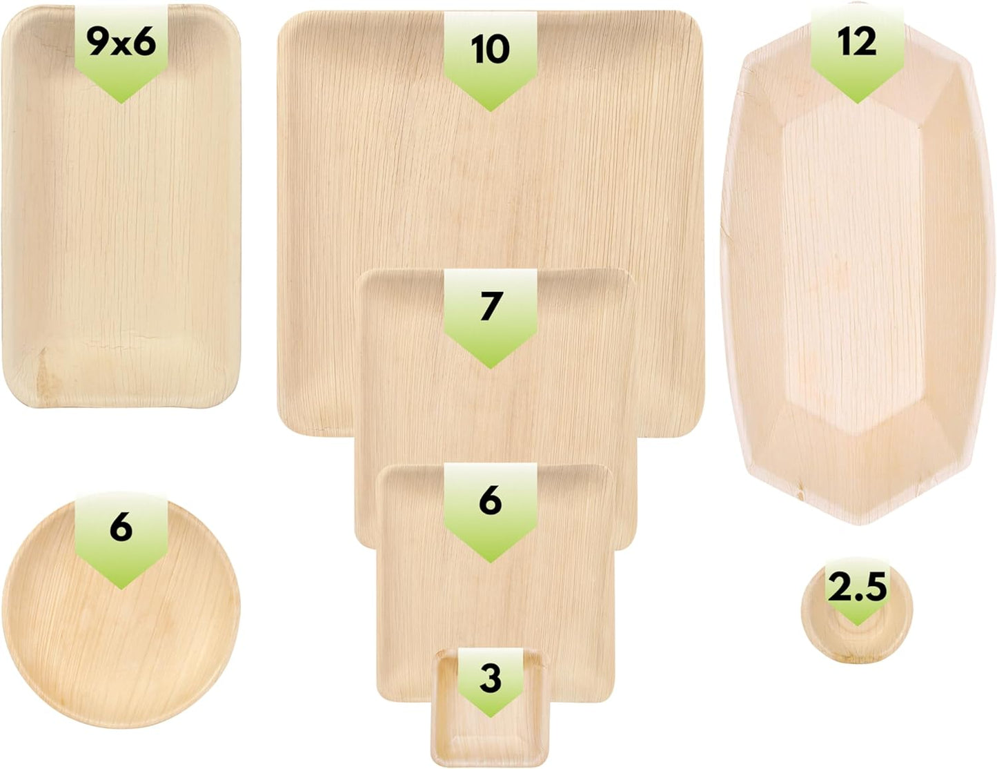Palm Leaf Sample Pack - Includes 2.5" and 3" Inch Dipping Bowls, 6" round and Square Plates, 7 and 10 Inch Bamboo Plates, 9X6 Mini Trays and 12 Inch Boat Trays