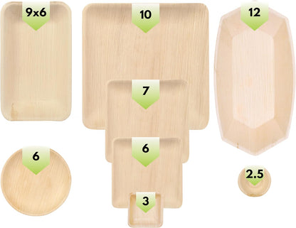 Palm Leaf Sample Pack - Includes 2.5" and 3" Inch Dipping Bowls, 6" round and Square Plates, 7 and 10 Inch Bamboo Plates, 9X6 Mini Trays and 12 Inch Boat Trays