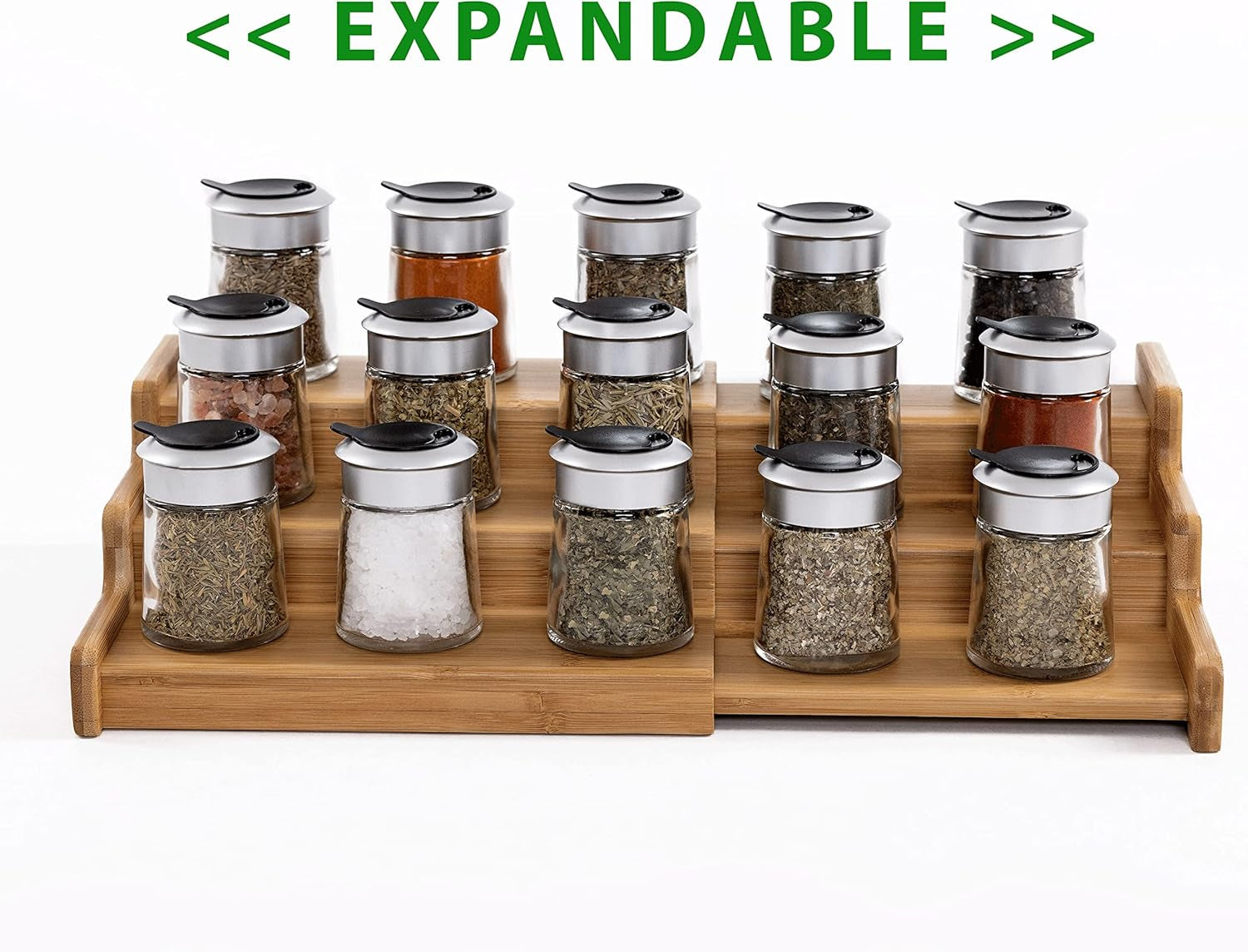 Seville Classics Bamboo Premium Wood 3-Tier Step Shelf Spice & Seasoning Storage Rack Organizer, for Kitchen, Cabinet, Countertop, Pantry, Bathroom, Salon, Bamboo, Expandable 8.5" - 15" W