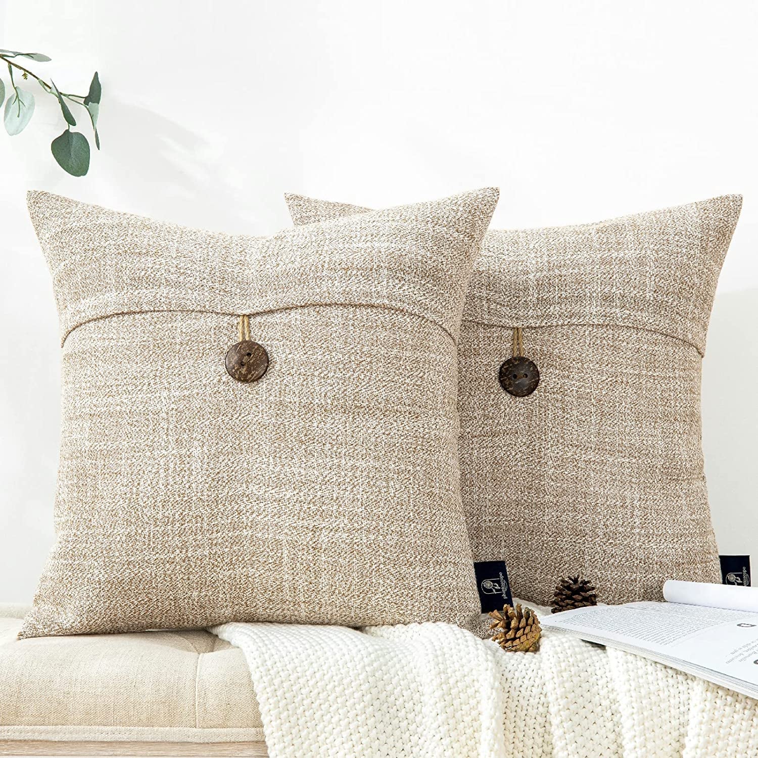 Pack of 2 Farmhouse Throw Pillow Covers Button Vintage Linen Decorative Pillow Cases for Couch Bed and Chair Beige, 18 X 18 Inches 45 X 45 Cm