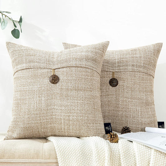 Pack of 2 Farmhouse Throw Pillow Covers Button Vintage Linen Decorative Pillow Cases for Couch Bed and Chair Beige, 18 X 18 Inches 45 X 45 Cm