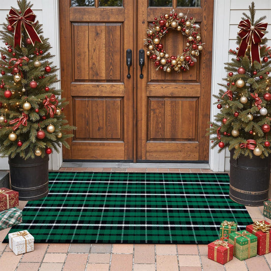 Christmas Outdoor Rug 2X4, Buffalo Plaid Green and Black Checkered Entryway Rug, Xmas Washable Front Porch Door Mat Woven Cotton Layered Doormat Rug for Bathroom Kitchen Patio Holiday Decor