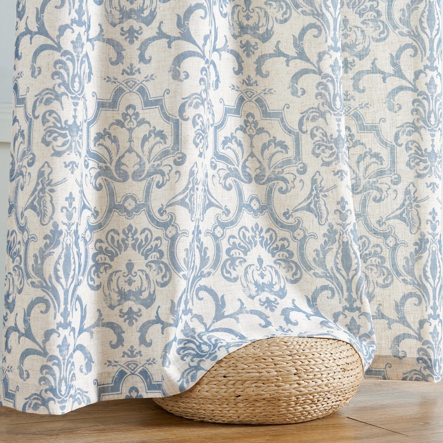 Curtains for Bedroom, Light Filtering 63 Inch Length 2 Panels Set, Baroque Style Linen Blend Drapes Living Room, Vintage Damask Window Treatments, Grommet Top Blue on Flax, W52 X L63