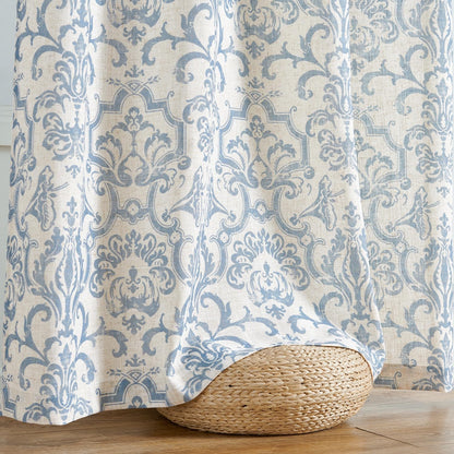 Curtains for Bedroom, Light Filtering 63 Inch Length 2 Panels Set, Baroque Style Linen Blend Drapes Living Room, Vintage Damask Window Treatments, Grommet Top Blue on Flax, W52 X L63