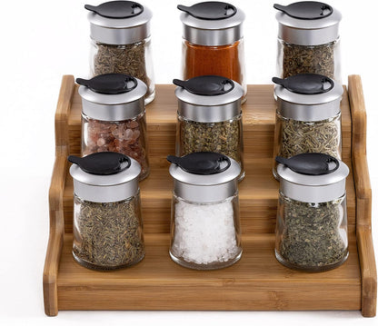 Seville Classics Bamboo Premium Wood 3-Tier Step Shelf Spice & Seasoning Storage Rack Organizer, for Kitchen, Cabinet, Countertop, Pantry, Bathroom, Salon, Bamboo, Expandable 8.5" - 15" W