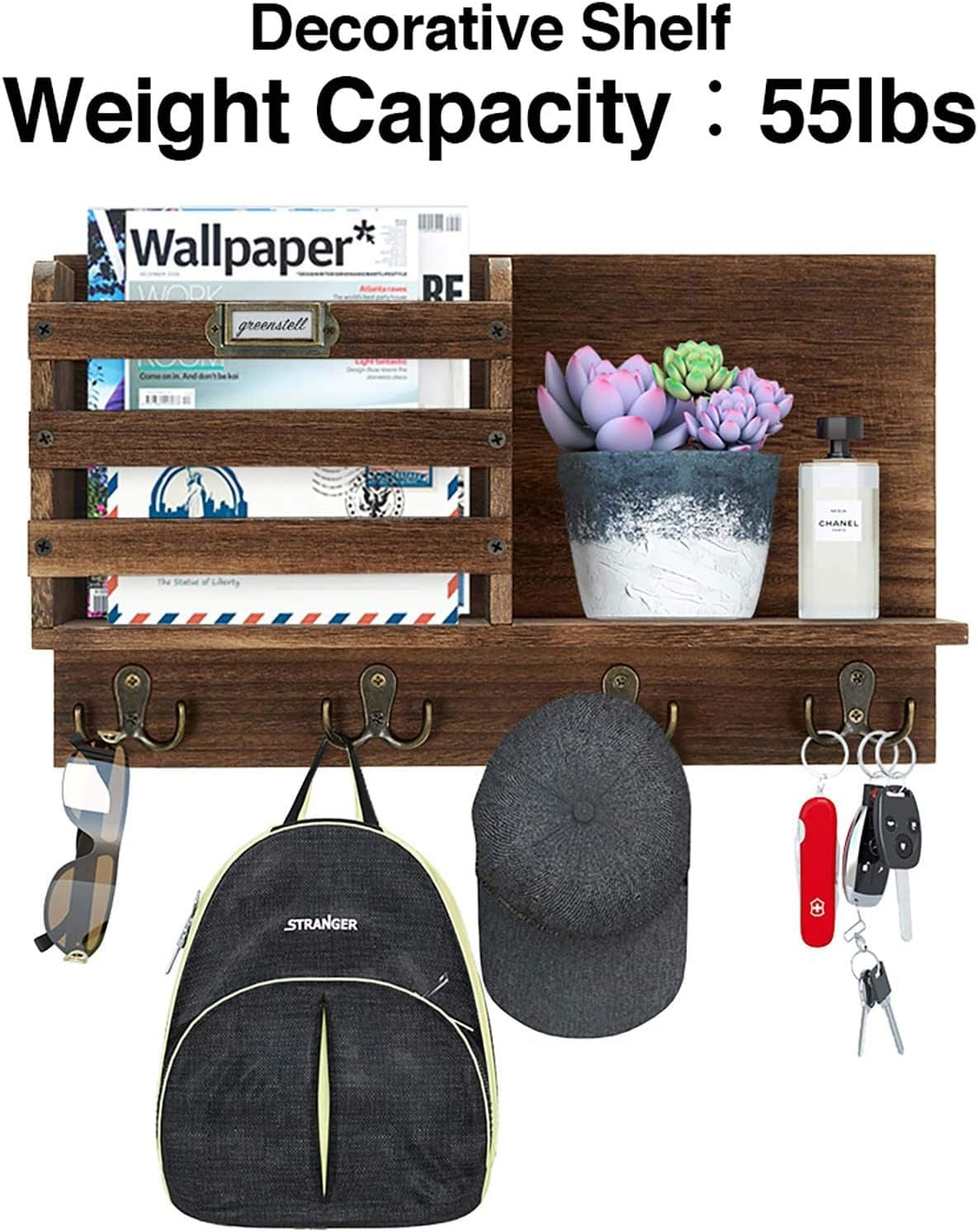 Mail Holder, Large Size Wall Mounted Mail Organizer with Tags & 4 Double Key Hooks, Rustic Wood Mail Sorter, Home Decor for Entryroom, Mudroom, Hallway, Kitchen, Office Dark Brown