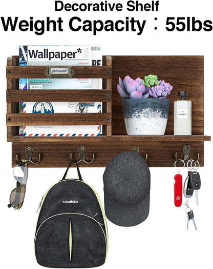 Mail Holder, Large Size Wall Mounted Mail Organizer with Tags & 4 Double Key Hooks, Rustic Wood Mail Sorter, Home Decor for Entryroom, Mudroom, Hallway, Kitchen, Office Dark Brown