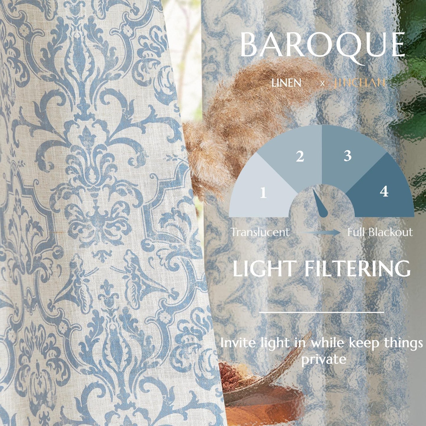 Curtains for Bedroom, Light Filtering 63 Inch Length 2 Panels Set, Baroque Style Linen Blend Drapes Living Room, Vintage Damask Window Treatments, Grommet Top Blue on Flax, W52 X L63