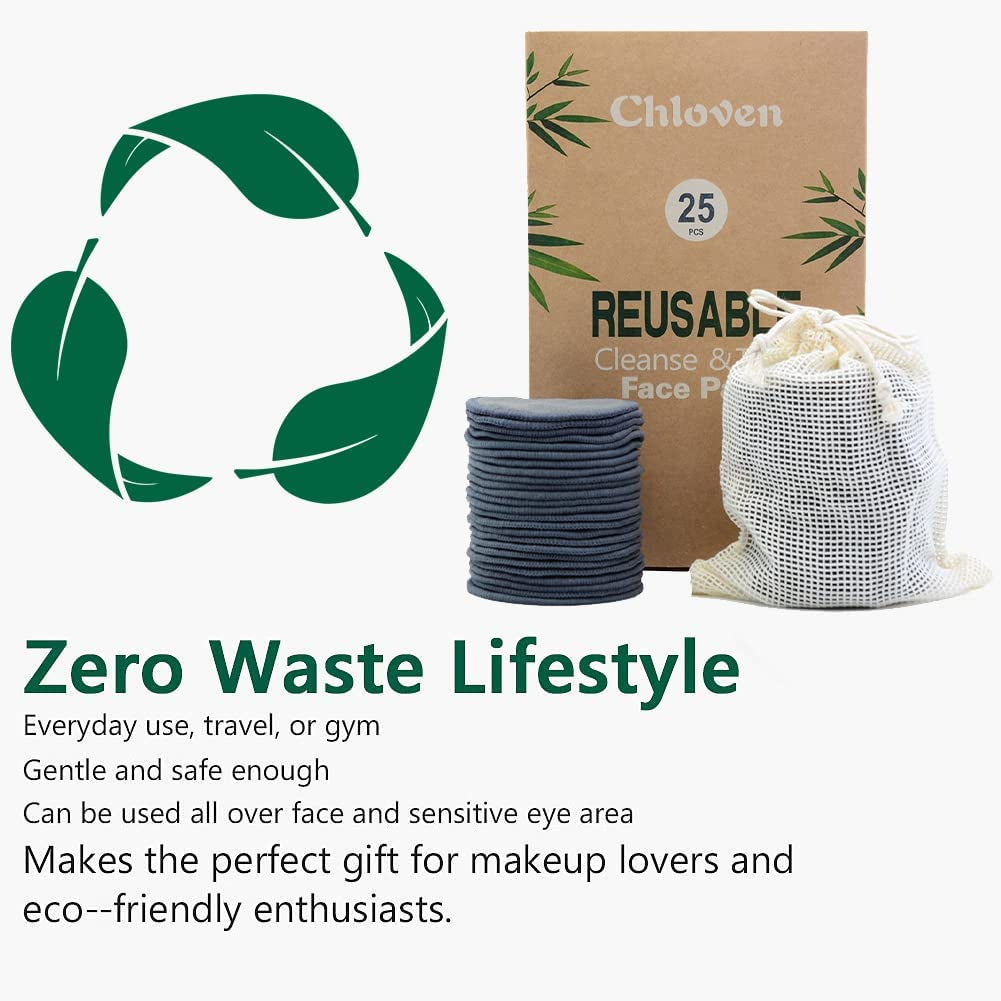 25 Pack Charcoal Bamboo Reusable Makeup Remover Pads - Bamboo Reusable Cotton Rounds for Toner, Washable Eco-Friendly Pads for All Skin Types with Cotton Bag for Storage