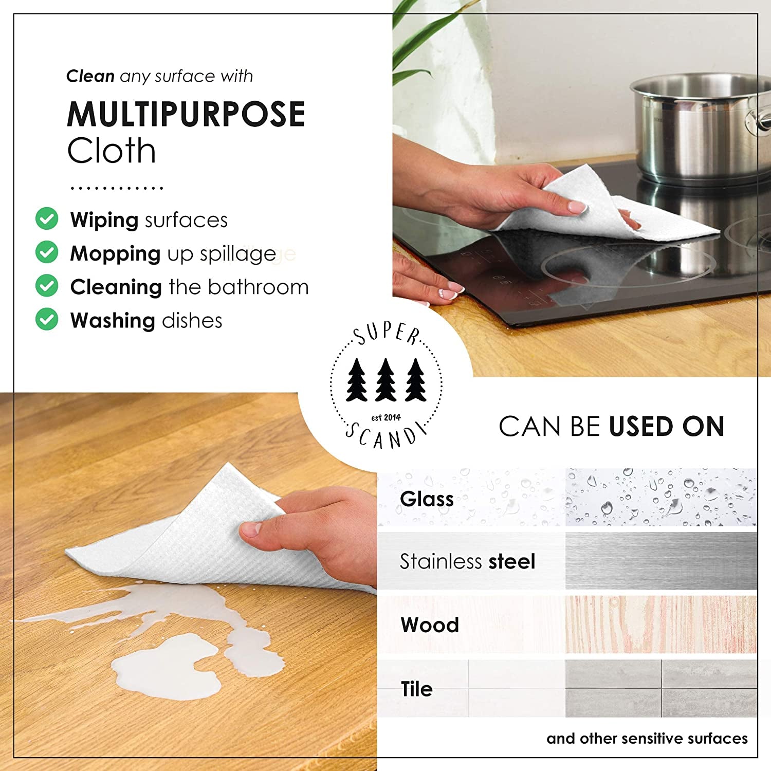 5 Pack Swedish Dishcloths for Kitchen - 100% Biodegradable & Compostable, Reusable Paper Towels Washable, Food-Safe & without Plastic - Dish Rags Suitable for Any Surface, Scandi White