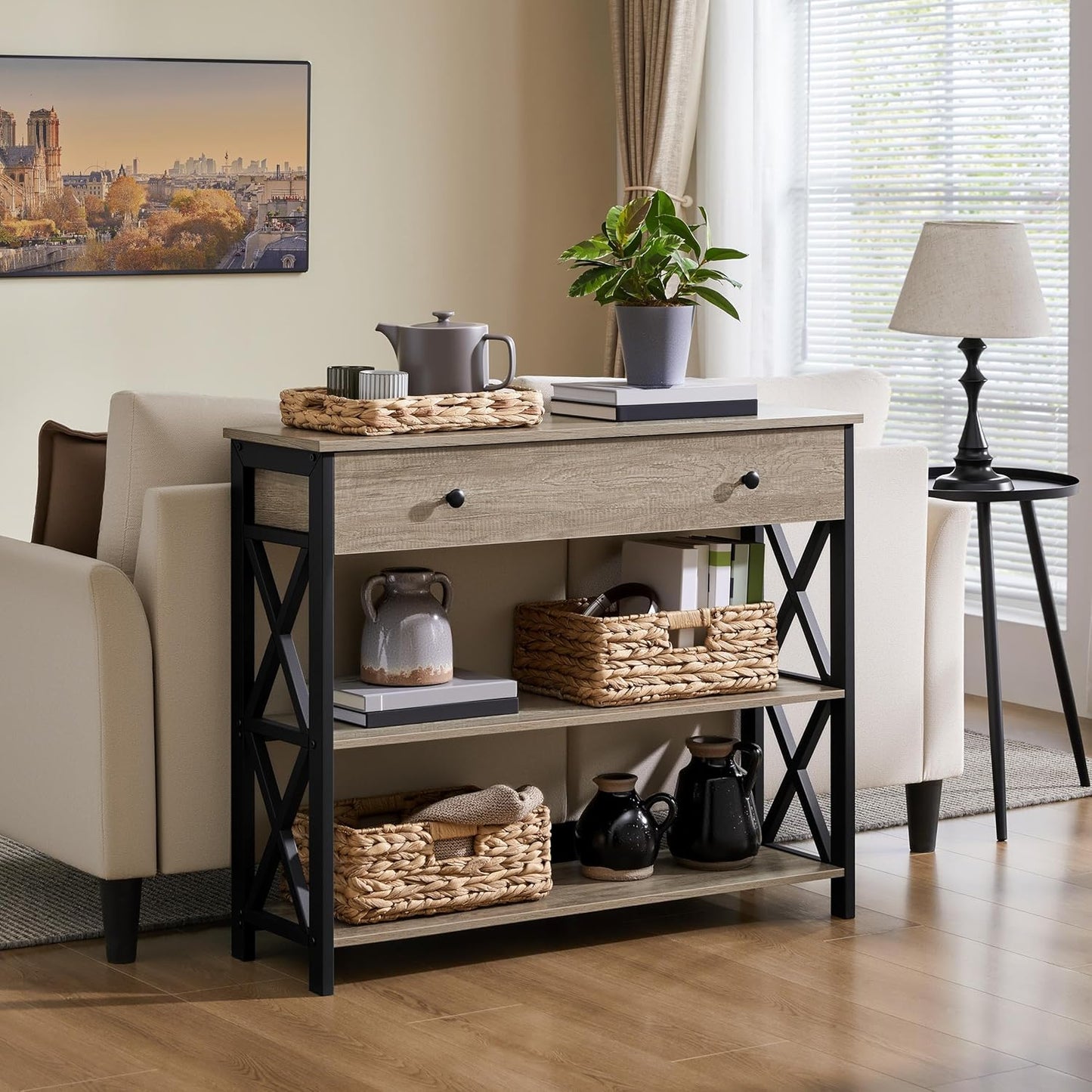 Console Table with Drawer, Entryway Table with 3 Tier Storage Shelves, Narrow Long Sofa Table for Entryway, Living Room, Hallway, Couch, Kitchen, Metal Frame, Gray
