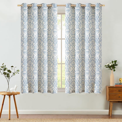 Curtains for Bedroom, Light Filtering 63 Inch Length 2 Panels Set, Baroque Style Linen Blend Drapes Living Room, Vintage Damask Window Treatments, Grommet Top Blue on Flax, W52 X L63