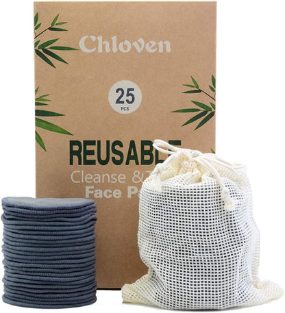 25 Pack Charcoal Bamboo Reusable Makeup Remover Pads - Bamboo Reusable Cotton Rounds for Toner, Washable Eco-Friendly Pads for All Skin Types with Cotton Bag for Storage