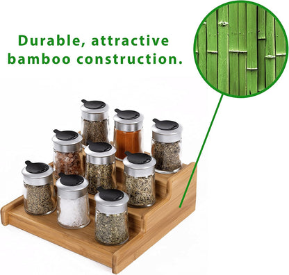 Seville Classics Bamboo Premium Wood 3-Tier Step Shelf Spice & Seasoning Storage Rack Organizer, for Kitchen, Cabinet, Countertop, Pantry, Bathroom, Salon, Bamboo, Expandable 8.5" - 15" W