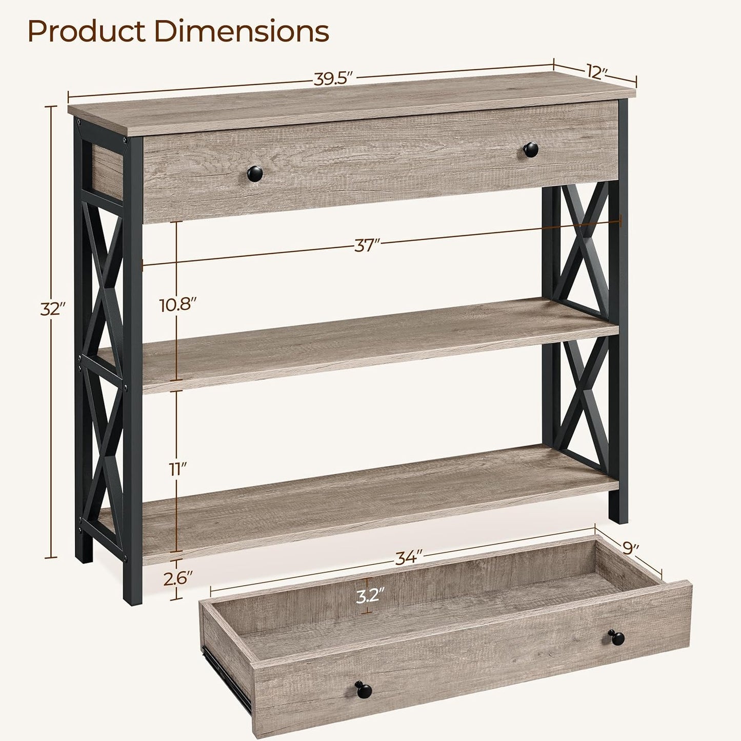 Console Table with Drawer, Entryway Table with 3 Tier Storage Shelves, Narrow Long Sofa Table for Entryway, Living Room, Hallway, Couch, Kitchen, Metal Frame, Gray