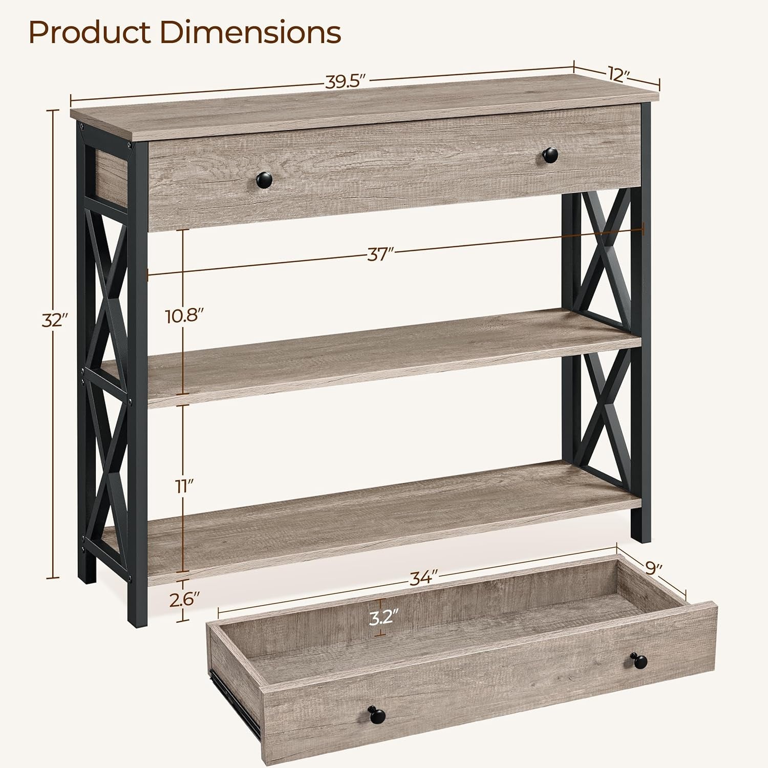 Console Table with Drawer, Entryway Table with 3 Tier Storage Shelves, Narrow Long Sofa Table for Entryway, Living Room, Hallway, Couch, Kitchen, Metal Frame, Gray