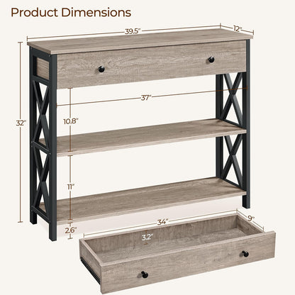 Console Table with Drawer, Entryway Table with 3 Tier Storage Shelves, Narrow Long Sofa Table for Entryway, Living Room, Hallway, Couch, Kitchen, Metal Frame, Gray