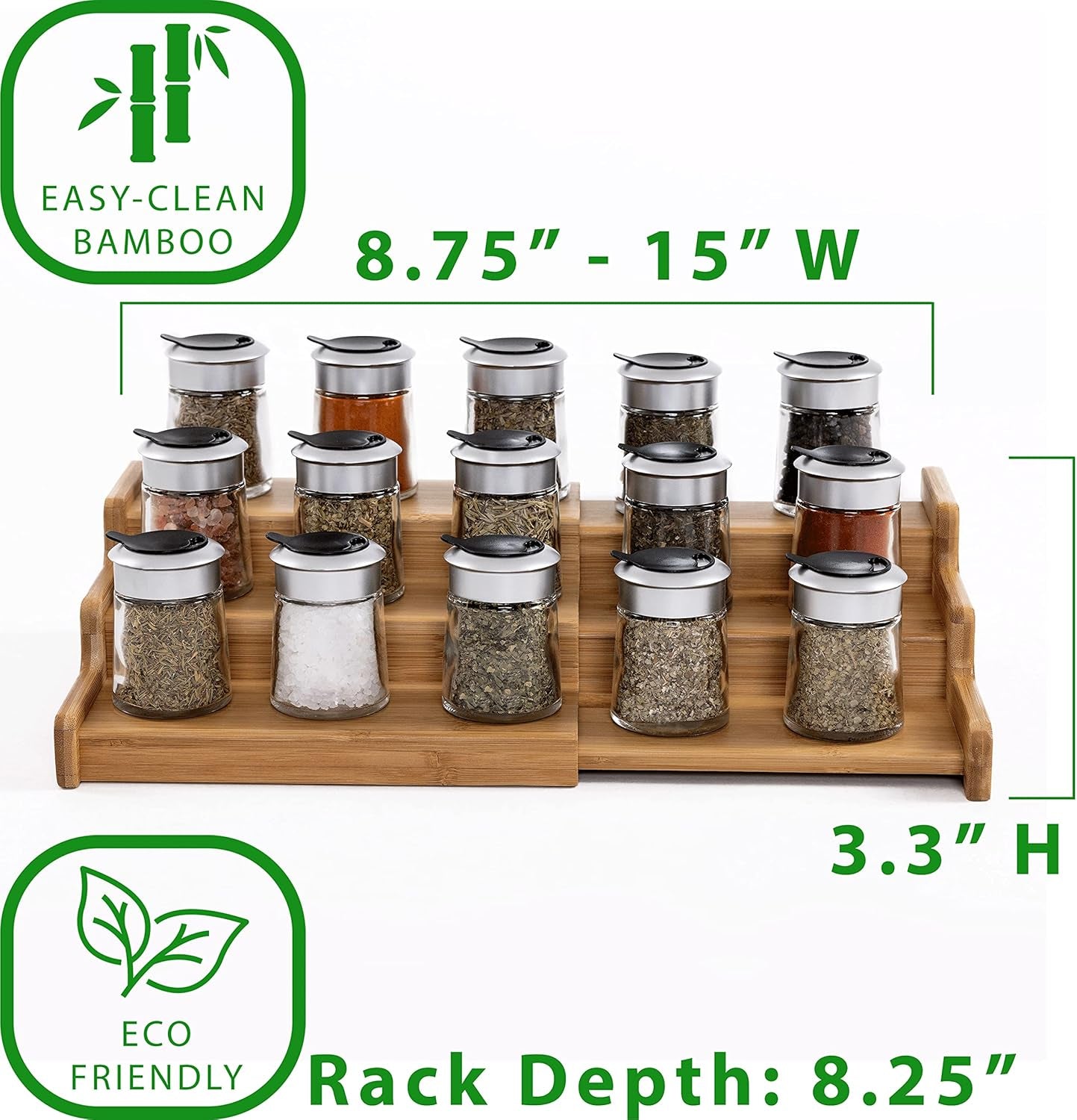 Seville Classics Bamboo Premium Wood 3-Tier Step Shelf Spice & Seasoning Storage Rack Organizer, for Kitchen, Cabinet, Countertop, Pantry, Bathroom, Salon, Bamboo, Expandable 8.5" - 15" W