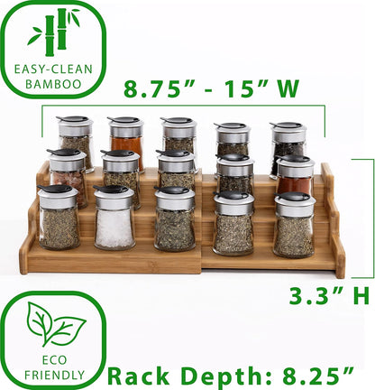 Seville Classics Bamboo Premium Wood 3-Tier Step Shelf Spice & Seasoning Storage Rack Organizer, for Kitchen, Cabinet, Countertop, Pantry, Bathroom, Salon, Bamboo, Expandable 8.5" - 15" W