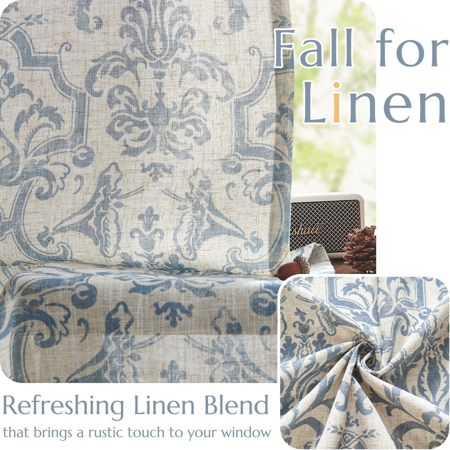 Curtains for Bedroom, Light Filtering 63 Inch Length 2 Panels Set, Baroque Style Linen Blend Drapes Living Room, Vintage Damask Window Treatments, Grommet Top Blue on Flax, W52 X L63