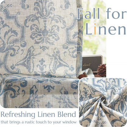 Curtains for Bedroom, Light Filtering 63 Inch Length 2 Panels Set, Baroque Style Linen Blend Drapes Living Room, Vintage Damask Window Treatments, Grommet Top Blue on Flax, W52 X L63