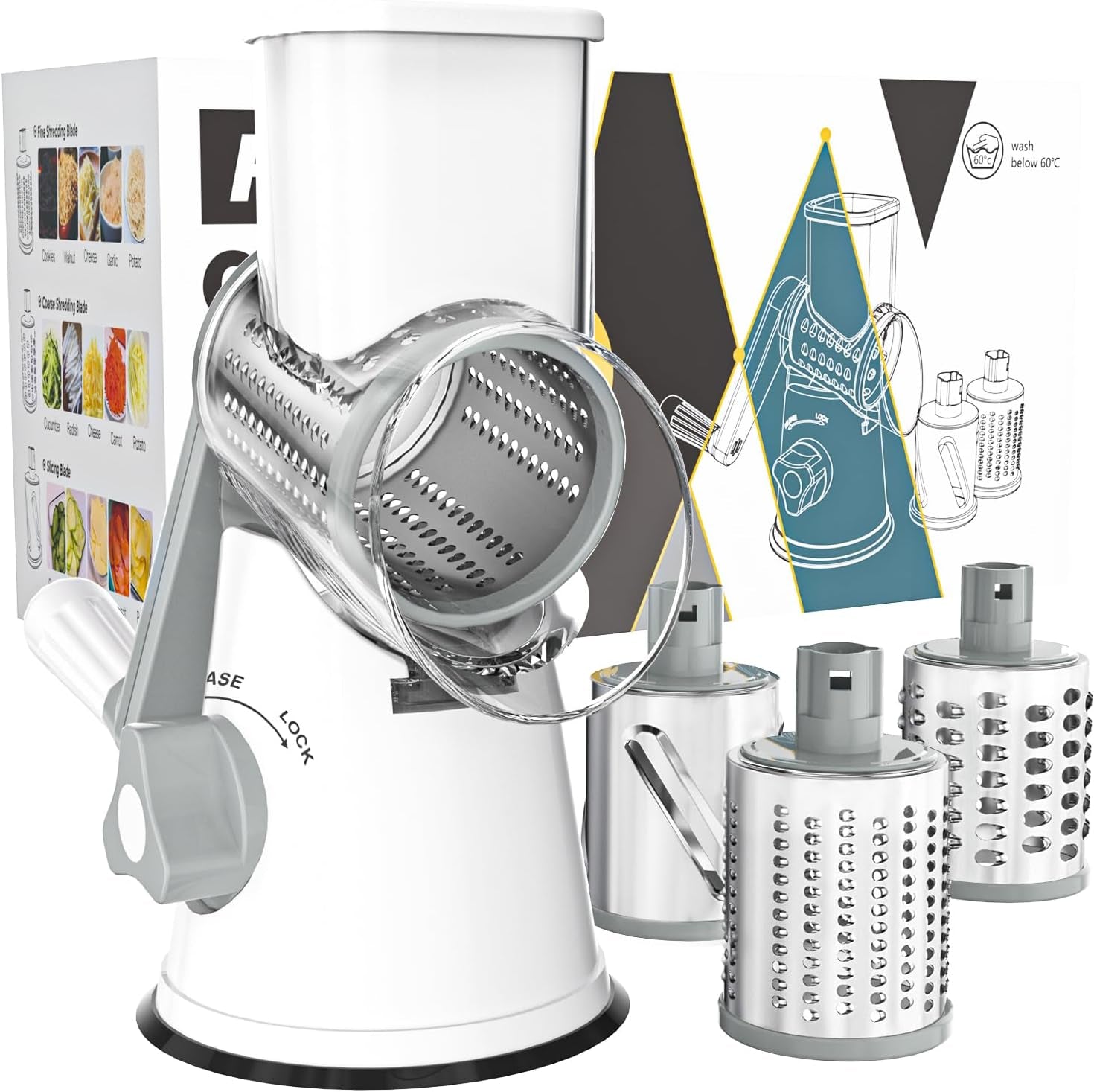 Rotary Cheese Grater Hand Crank Cheese Shredder for Fresh Cheese, Vegetable, Nuts,Non-Slip Suction Base, Free Cleaning Brush Three Blades, White