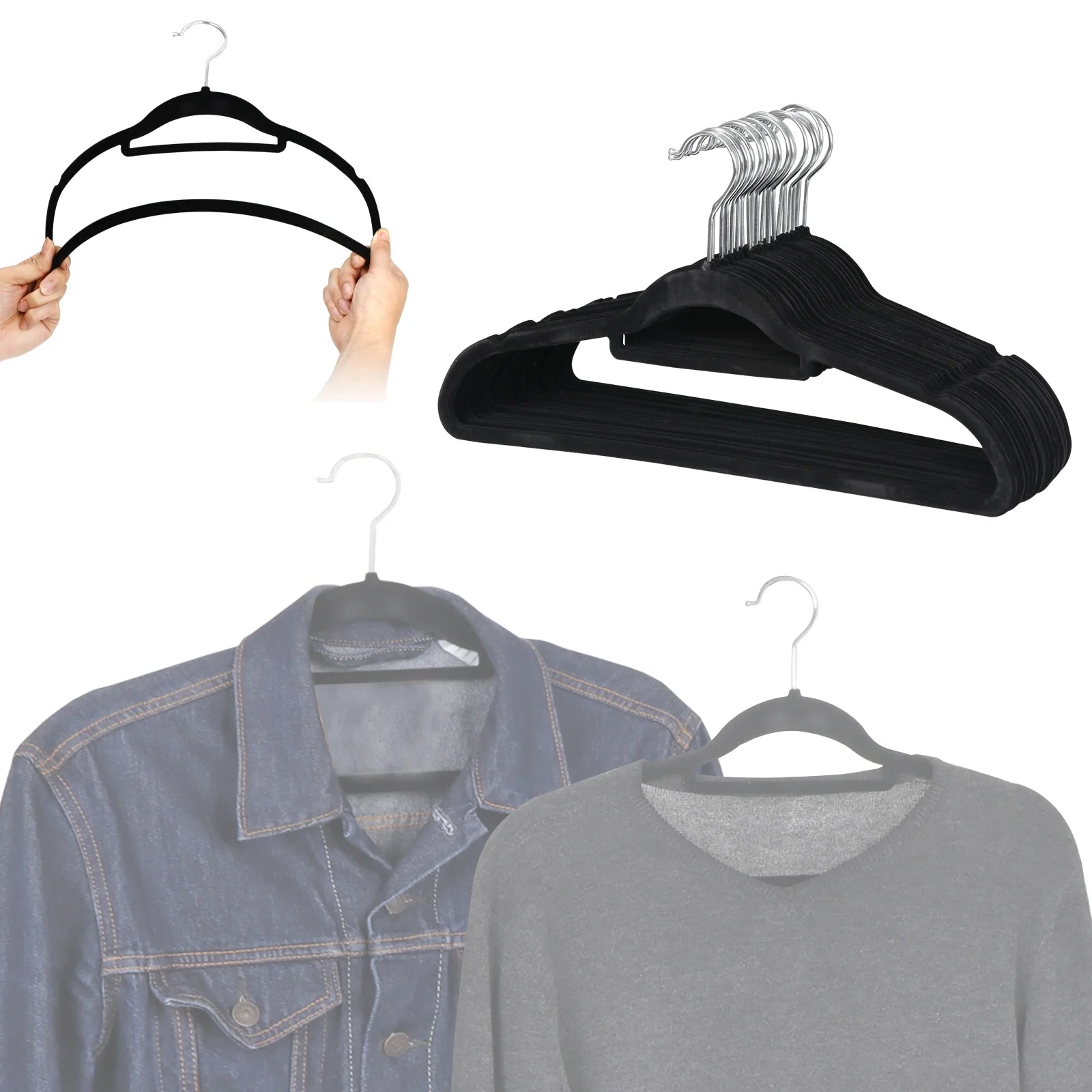 Velvet Flocked Hangers 100 Pack Non Slip Black Clothes Suit Hangers Hook Swivel 360 Ultra Thin(100Pcs, Black, Velvet)