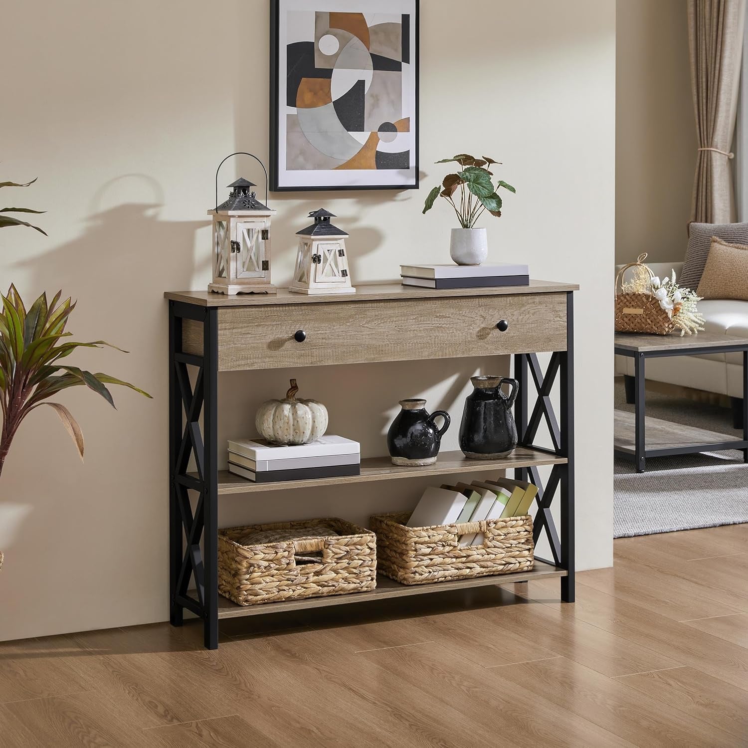 Console Table with Drawer, Entryway Table with 3 Tier Storage Shelves, Narrow Long Sofa Table for Entryway, Living Room, Hallway, Couch, Kitchen, Metal Frame, Gray