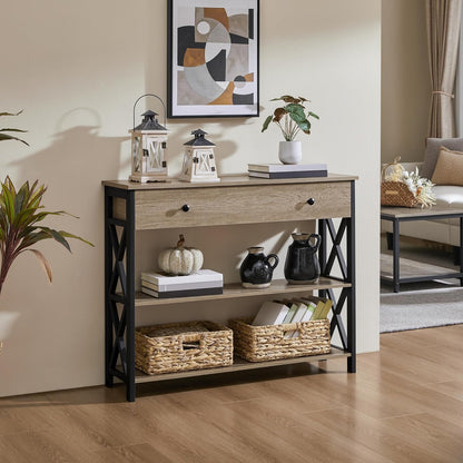 Console Table with Drawer, Entryway Table with 3 Tier Storage Shelves, Narrow Long Sofa Table for Entryway, Living Room, Hallway, Couch, Kitchen, Metal Frame, Gray