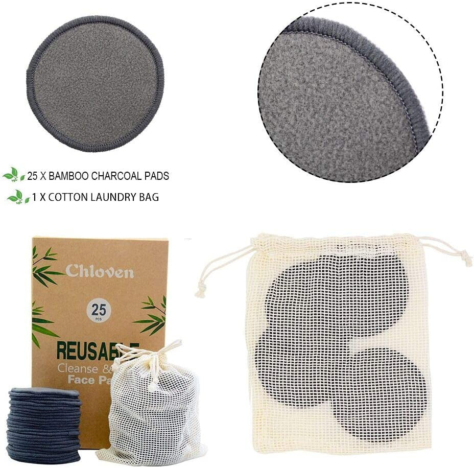 25 Pack Charcoal Bamboo Reusable Makeup Remover Pads - Bamboo Reusable Cotton Rounds for Toner, Washable Eco-Friendly Pads for All Skin Types with Cotton Bag for Storage