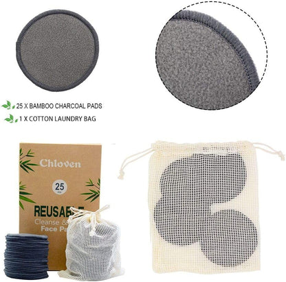 25 Pack Charcoal Bamboo Reusable Makeup Remover Pads - Bamboo Reusable Cotton Rounds for Toner, Washable Eco-Friendly Pads for All Skin Types with Cotton Bag for Storage