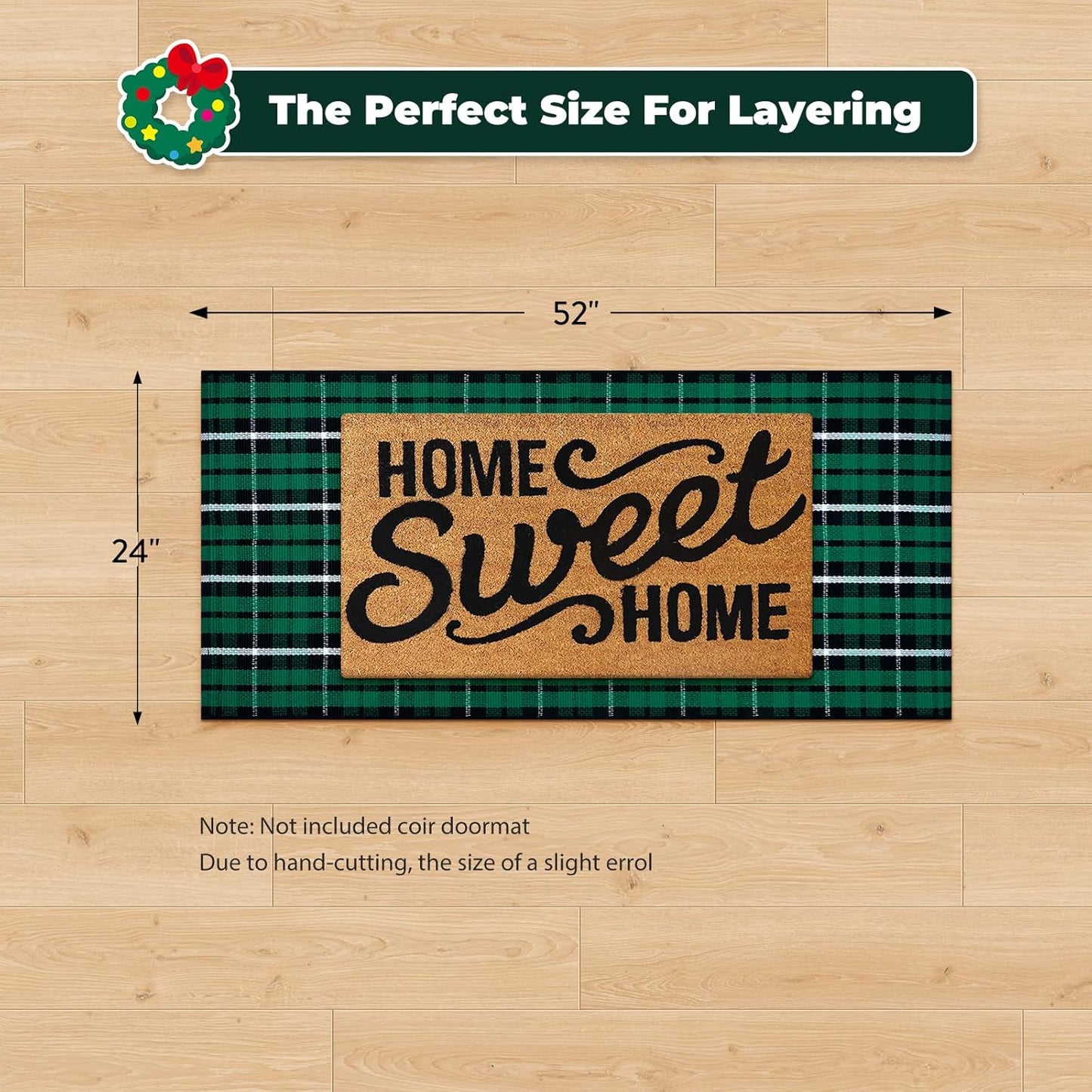 Christmas Outdoor Rug 2X4, Buffalo Plaid Green and Black Checkered Entryway Rug, Xmas Washable Front Porch Door Mat Woven Cotton Layered Doormat Rug for Bathroom Kitchen Patio Holiday Decor