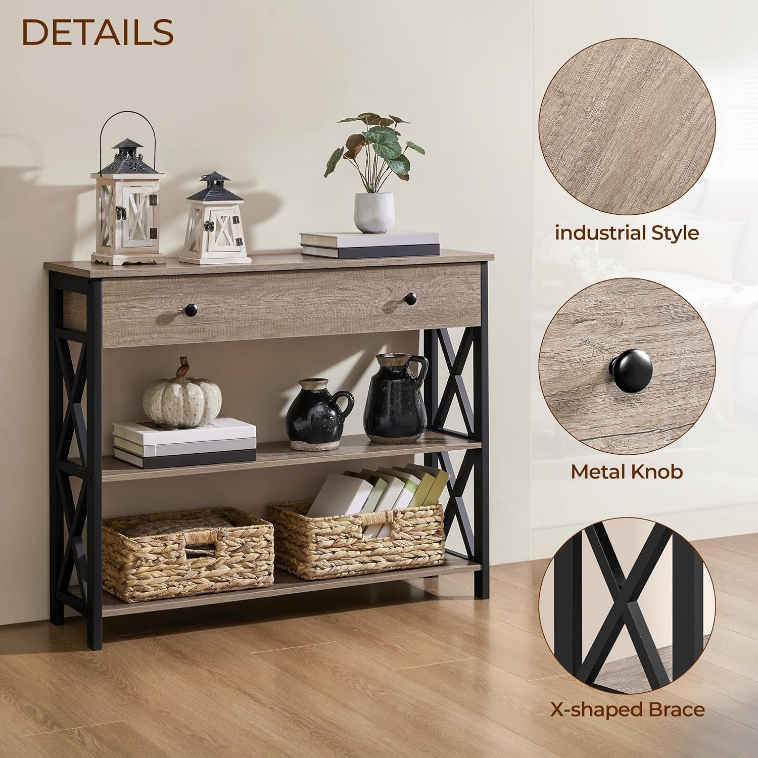 Console Table with Drawer, Entryway Table with 3 Tier Storage Shelves, Narrow Long Sofa Table for Entryway, Living Room, Hallway, Couch, Kitchen, Metal Frame, Gray